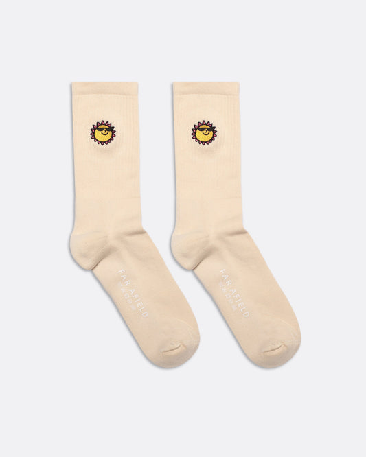 Far Afield Embroidered Socks Off White Sunny Motif