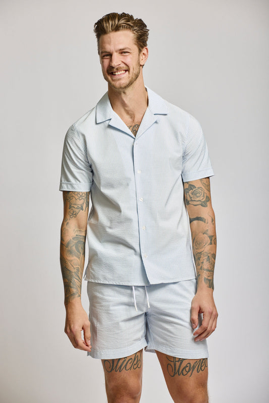 Easy Mondays Seersucker Camp Collar Shirt Blue
