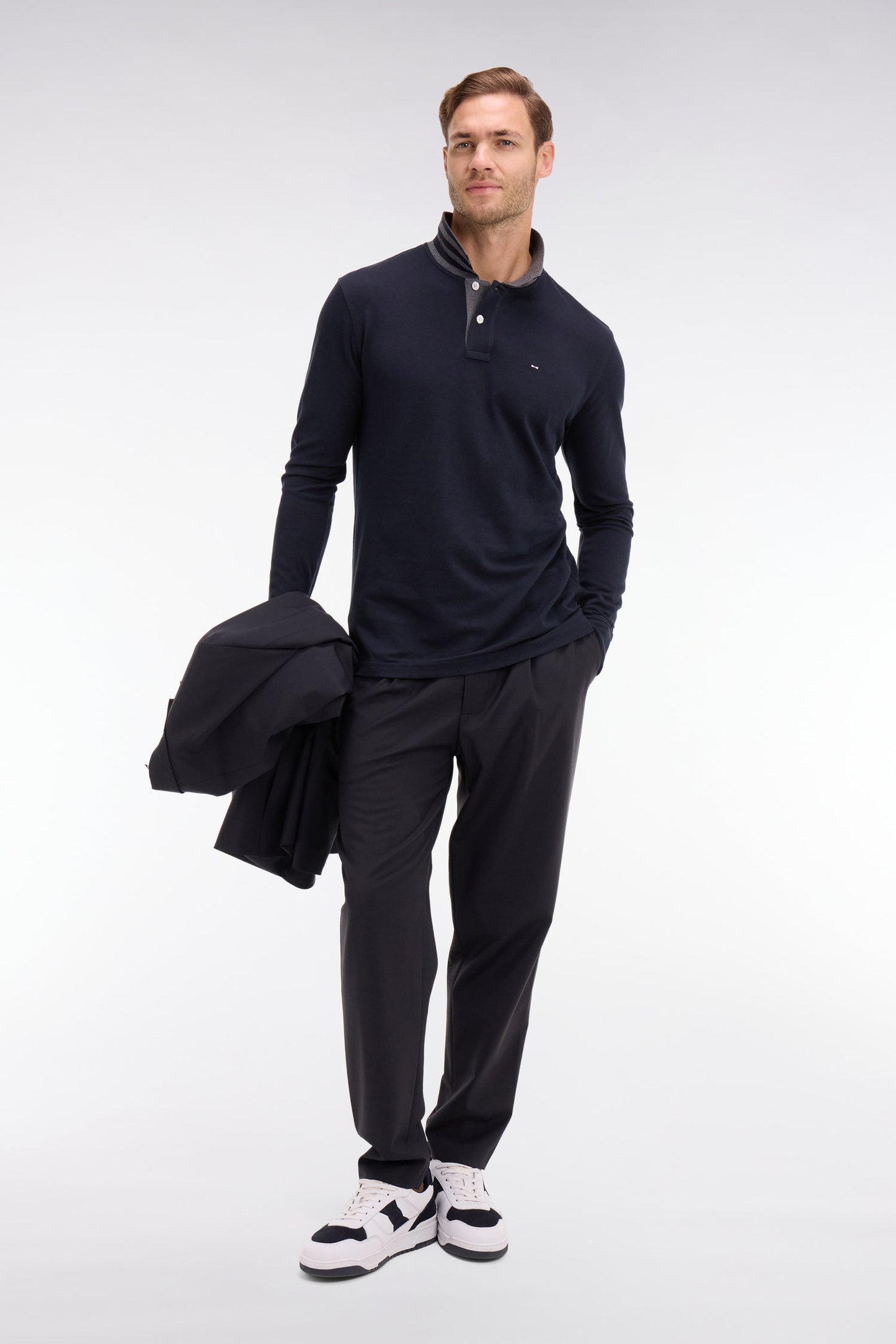 Eden Park Long Sleeve Pima Cotton Polo Contrasting Accents Black