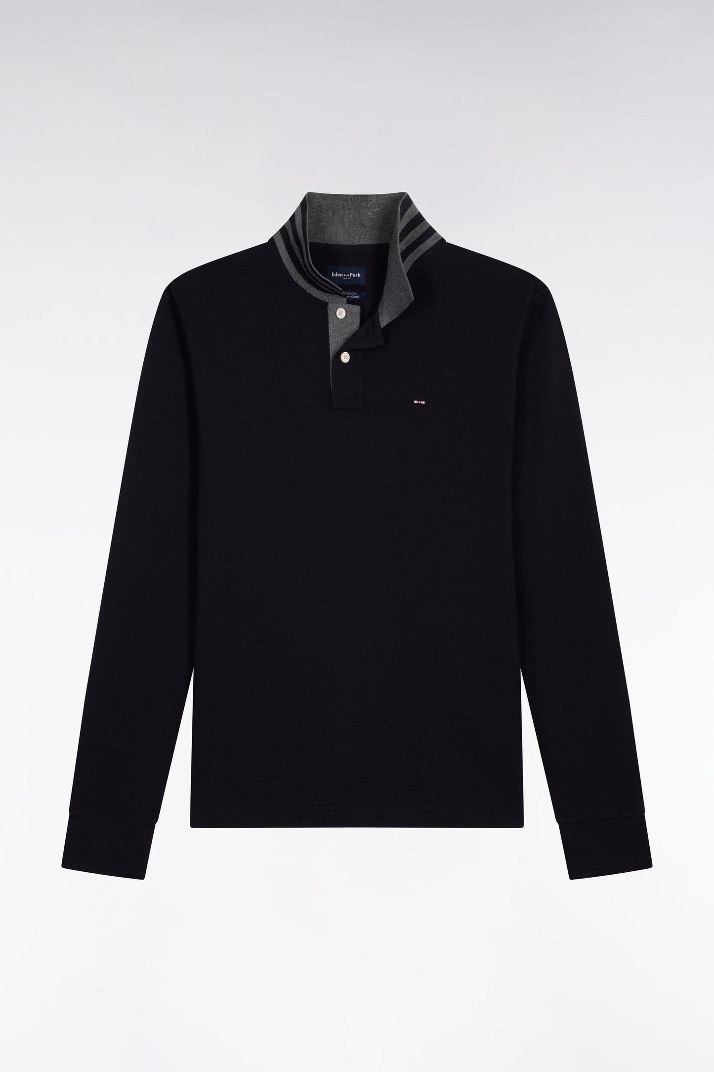 Eden Park Long Sleeve Pima Cotton Polo Contrasting Accents Black