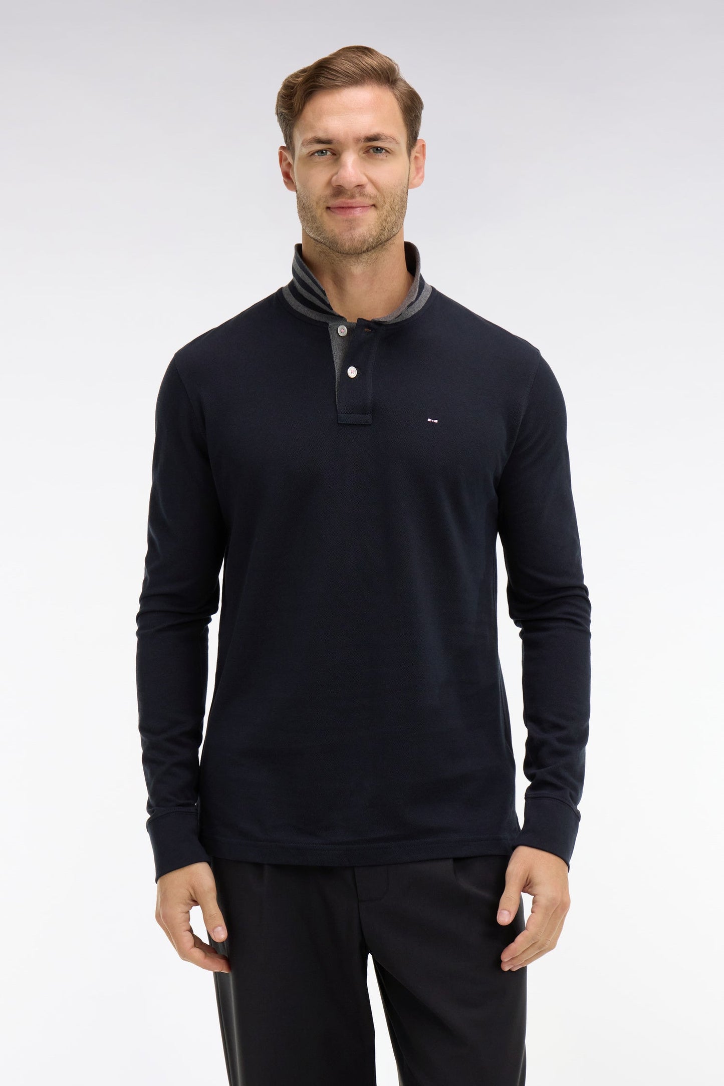 Eden Park Long Sleeve Pima Cotton Polo Contrasting Accents Black