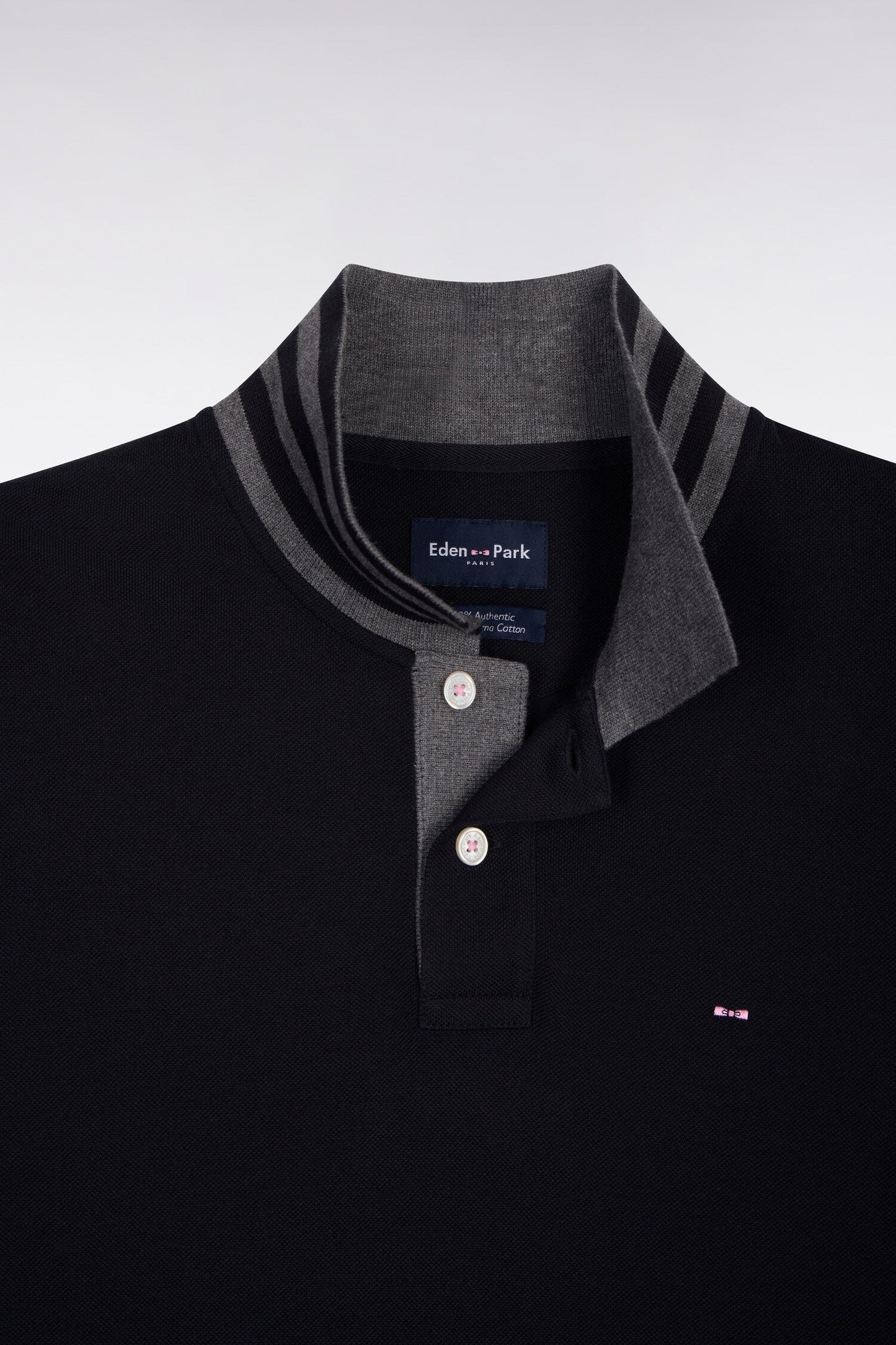 Eden Park Long Sleeve Pima Cotton Polo Contrasting Accents Black