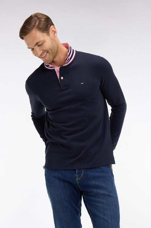 Eden Park Long Sleeve Pima Cotton Polo Contrasting Accents Navy