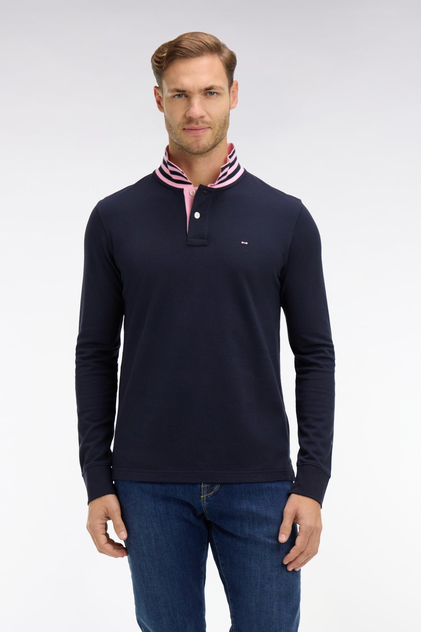 Eden Park Long Sleeve Pima Cotton Polo Contrasting Accents Navy