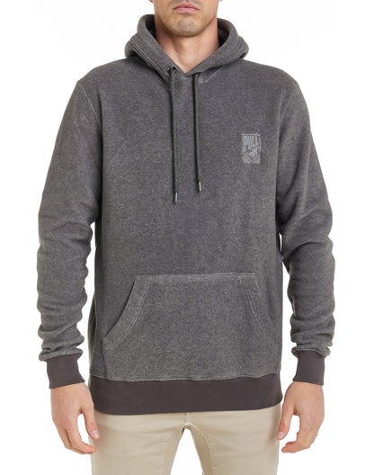 A male model wearing a gray hooded fleece sweatshirt with a kangaroo pocket, a hood with drawstring, and tone-on-tone chest embroidery.